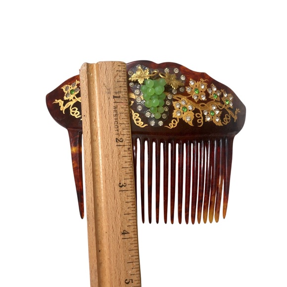 Victorian Celluloid Hair Comb 18K Gold Inlaid Faux Tortoiseshell Pearl Grapes